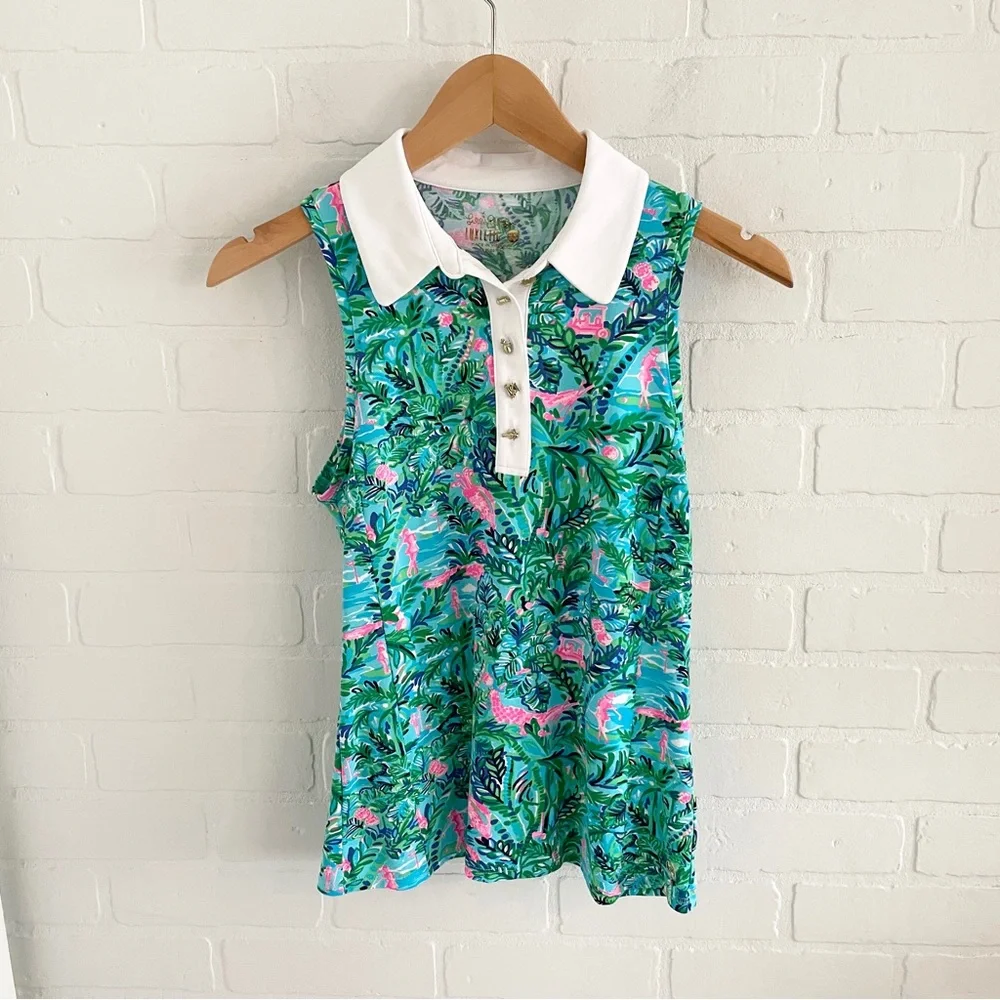 Lilly Pulitzer Imara Golf Print Polo Top Novelty Gold Buttons XS - Picture 2 of 16